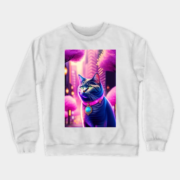 British Shorthair in Japan's pink lights Crewneck Sweatshirt by Enchanted Reverie